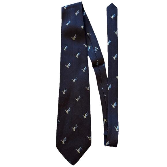 Vintage Men’s Italian Navy Tie 3.75” Flying Ducks Kasmir Wool Silk Blend Hunting - Picture 1 of 13